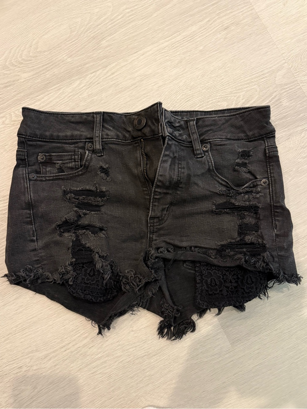 American Eagle Outfitters Black Distressed Denim Lace-Panel Shorts